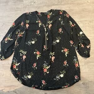 Rue 21 Black Floral 1/2 Zip Roll Tab Sleeve Blouse Women's Sz M